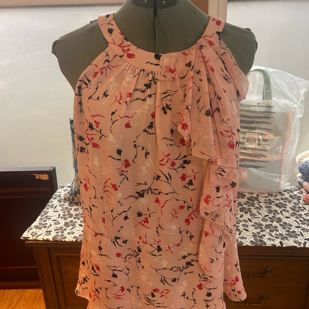 White House Black Market Pink Floral Ruffle Blouse